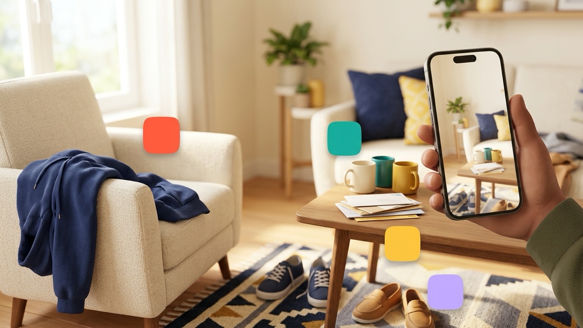 A hand holding a phone up to photograph a cozy, slightly messy living room, with small colored task chips floating next to a hoodie on a chair, mugs on the table and shoes on the rug