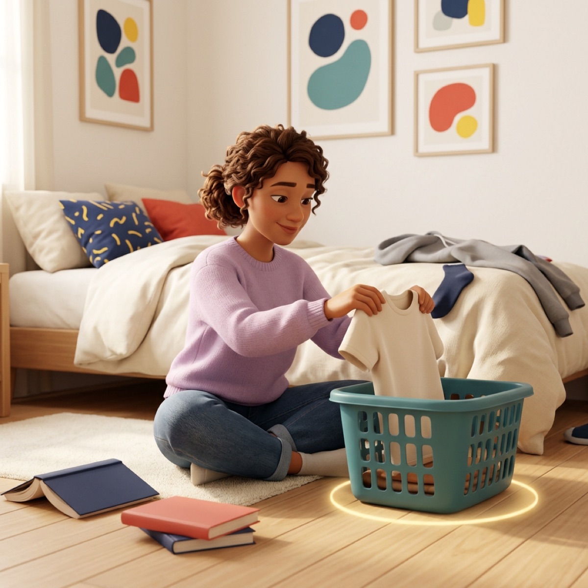 An adult sitting on a bedroom floor calmly dropping one folded shirt into a teal laundry basket, with a soft glow around the basket